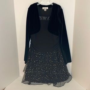 Amy Byer fancy girls black dress with attached bolero & glittery ruffles sz 14
